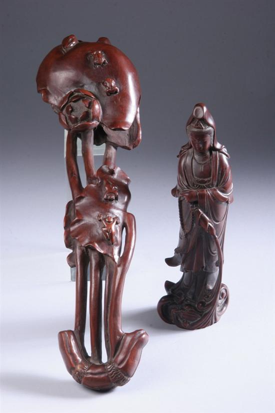 Appraisal: CHINESE ROSEWOOD FIGURE OF GUANYIN AND RUYI SCEPTER th century