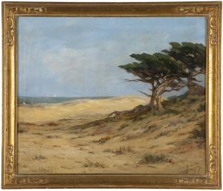 Appraisal: Angel Espoy Cypress trees near coastal dunes signed lower right