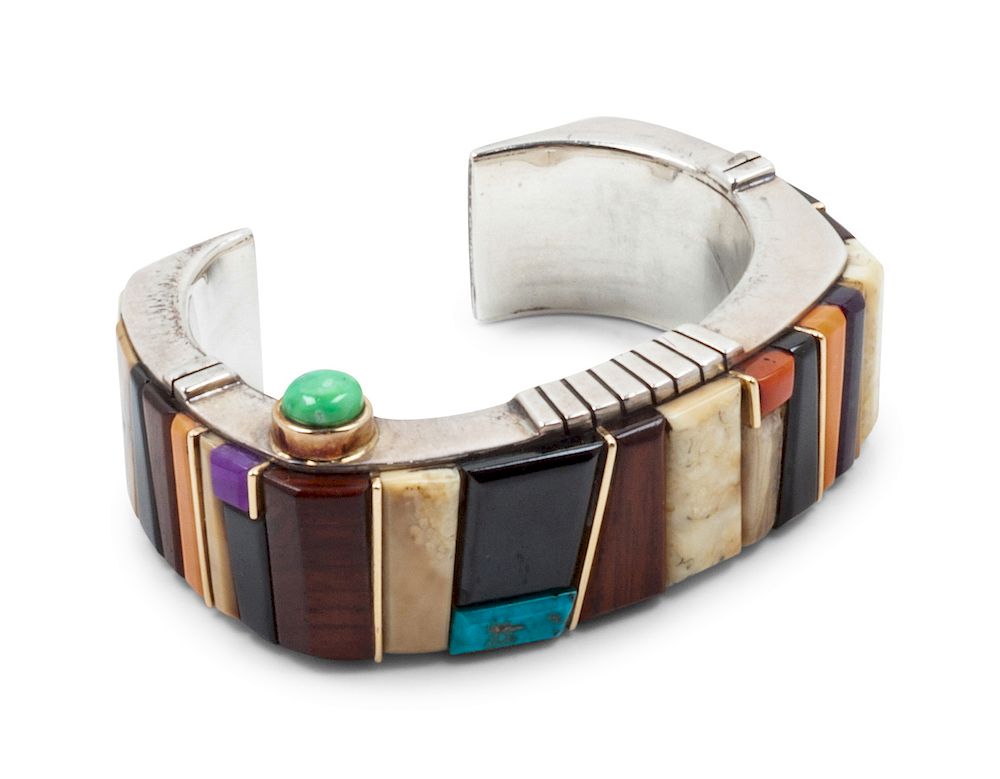 Appraisal: Wes Willie Dine b Sterling silver cuff bracelet with mosaic