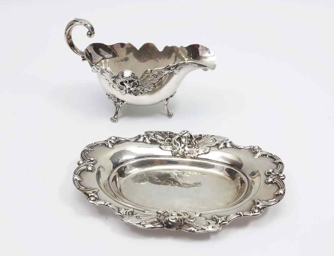 Appraisal: WOODSIDE STERLING COMPANY GRAVY BOWL UNDERPLATE Butterfly Woman boat measures