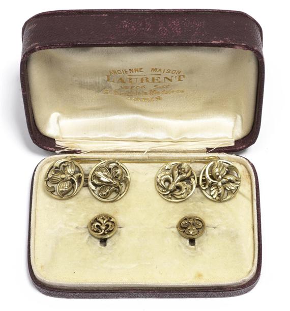 Appraisal: CUFFLINKS WITH SHIRT BUTTONS probably LAURENT Paris circa Yellow gold