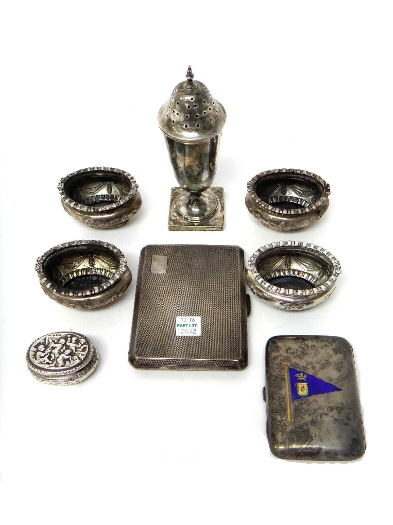 Appraisal: Silver comprising a sugar caster raised on a square base