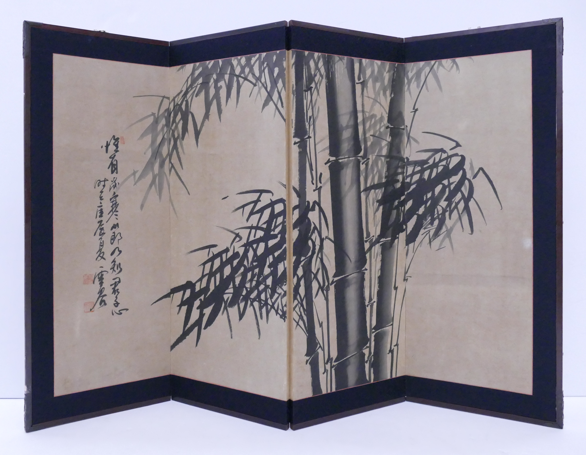 Appraisal: Japanese Panel Bamboo w Calligraphy Screen- x ''