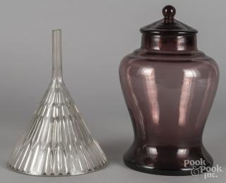 Appraisal: Amethyst glass apothecary bottle '' h together with a funnel