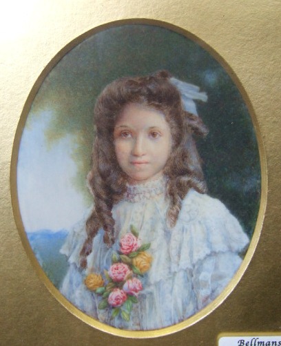 Appraisal: An oval portrait miniature of a girl with long brown