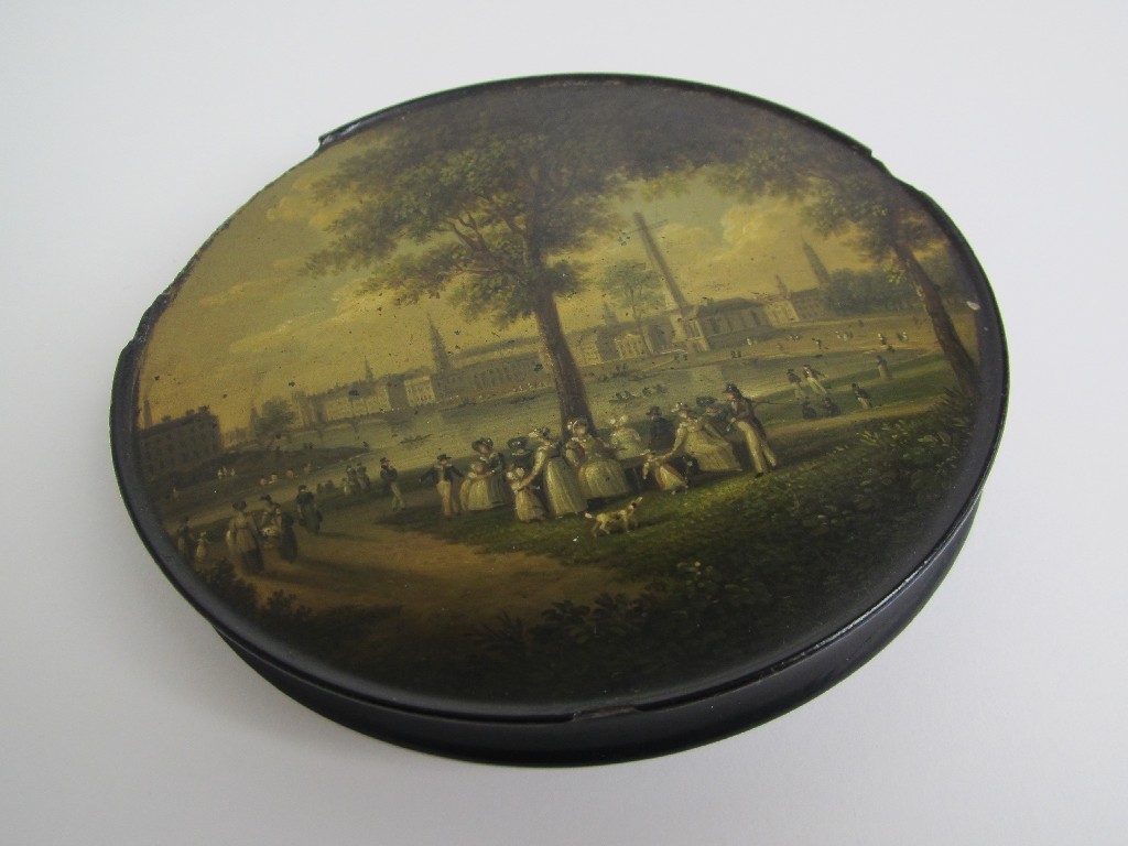 Appraisal: A rare painted snuff box decorated with a panoramic view