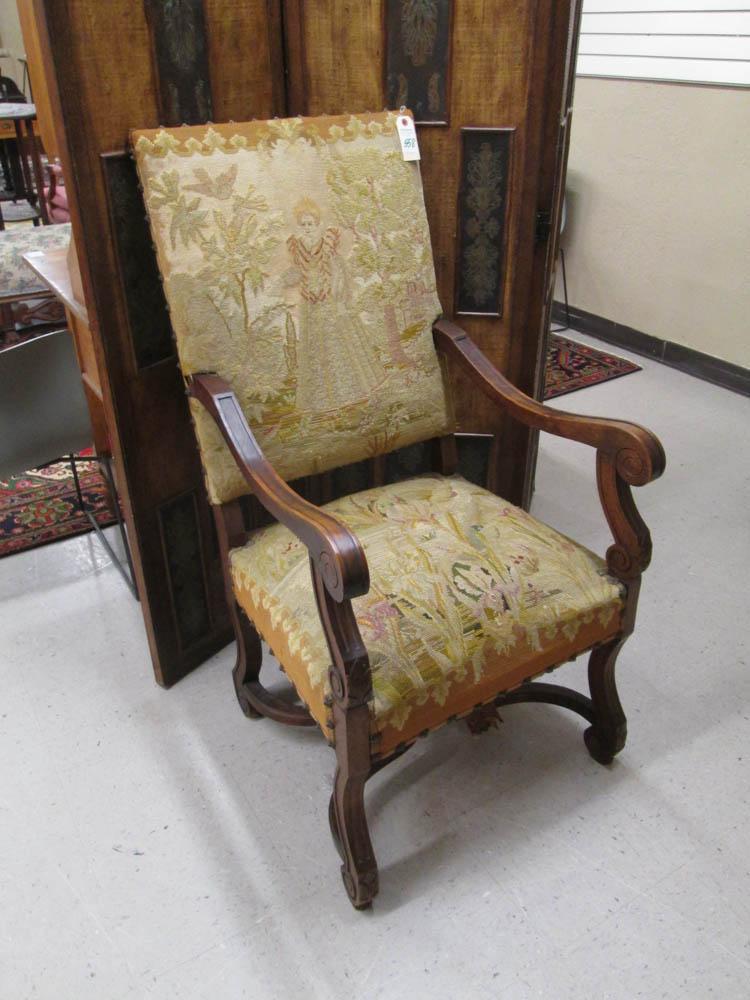 Appraisal: LOUIS XIV STYLE NEEDLEPOINT ARMCHAIR French th century of oak