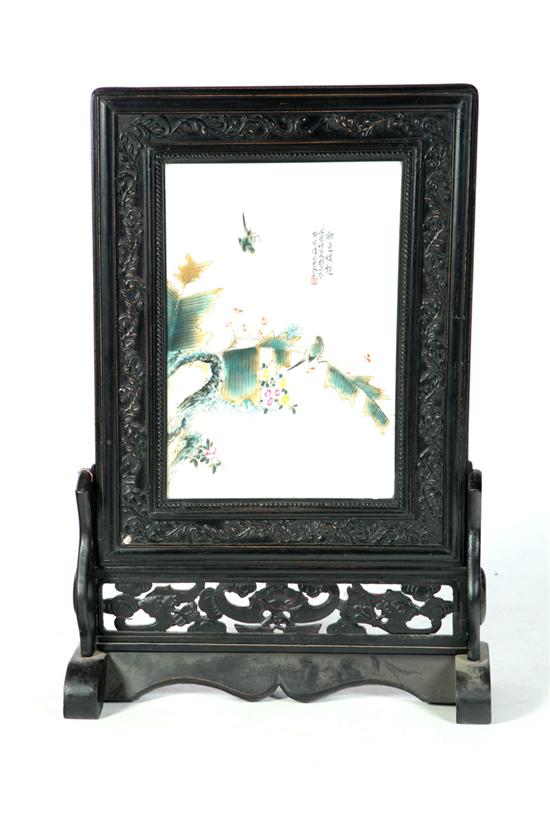 Appraisal: TABLE SCREEN China late th-early th century Porcelain plaque hand