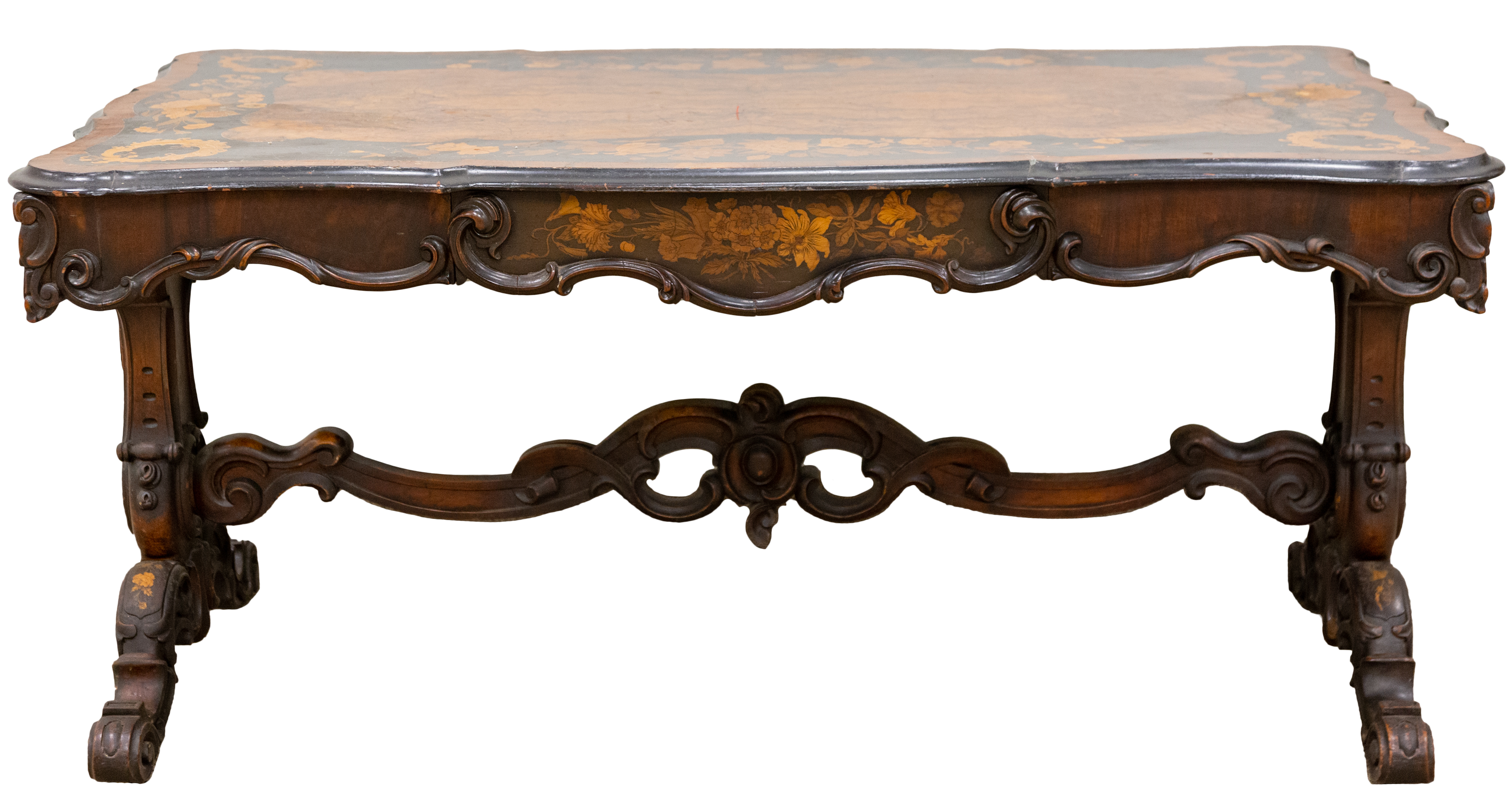 Appraisal: FRENCH MARQUETRY CENTER TABLE WITH DRAWER Inlaid burl Walnut and