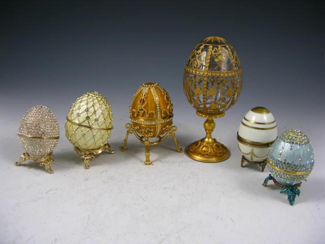 Appraisal: Six Faberge Style Eggs gilt Faberge in high Limoges egg