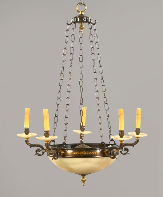 Appraisal: French Gilt-Brass- and Alabaster-Mounted Bronzed Five-Light Chandelier in the Restauration