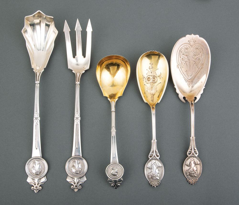 Appraisal: Five Medallion Silver Flatware Serving Pieces incl Wood Hughes coin