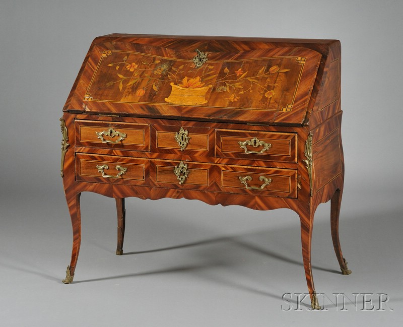 Appraisal: Continental Rococo Marquetry-inlaid Fruitwood Slant-lid Desk the lid inlaid with