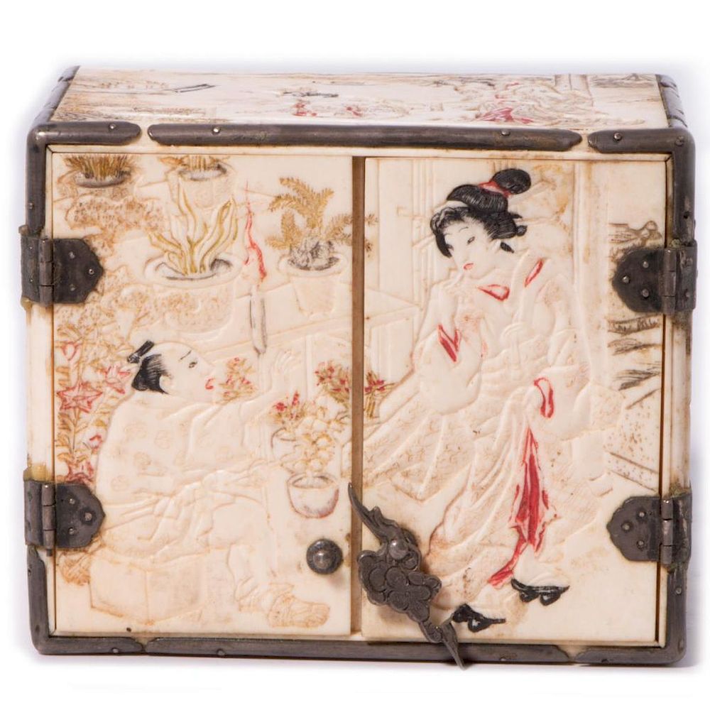 Appraisal: Japanese Miniature Carved and Lacquered Cabinet th Carved and Lacquered