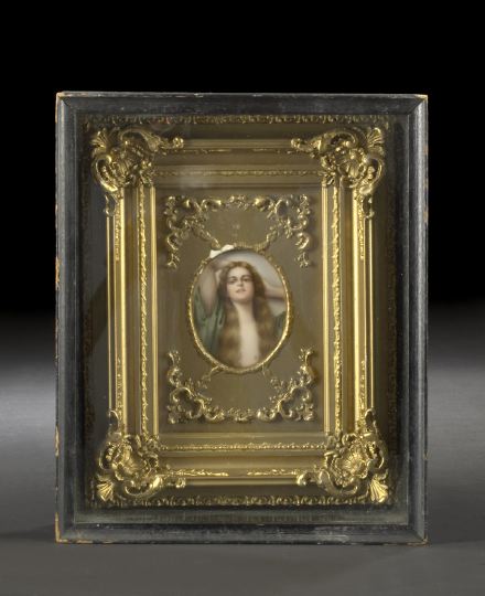 Appraisal: Shadowboxed German Oval Hand-Painted Porcelain Plaque fourth quarter th century