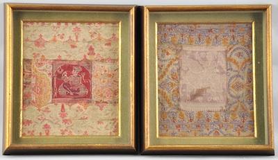 Appraisal: A Pair of Framed Antique Persian Textile Fragments Each pieced