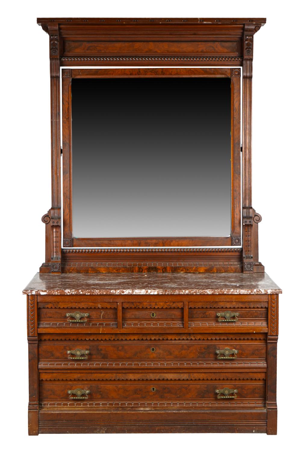 Appraisal: EASTLAKE MIRROR-BACK MARBLE-TOP DRESSERwith three short drawers over two long