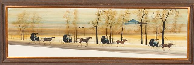 Appraisal: Panoramic horse and buggy scene watercolor x sight SLR Moss