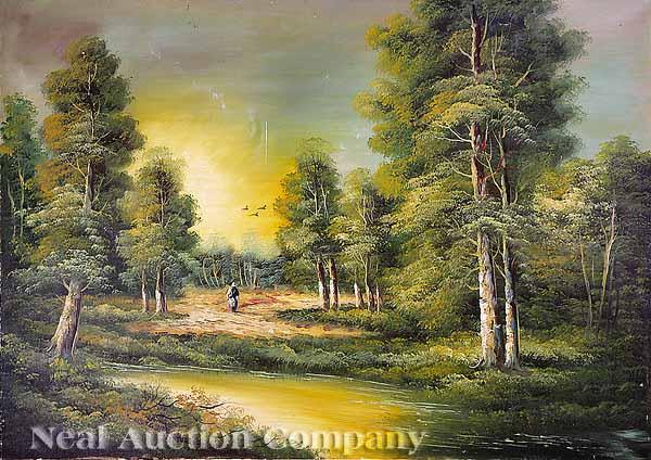 Appraisal: A Group of Three Landscapes Man on a Path oil