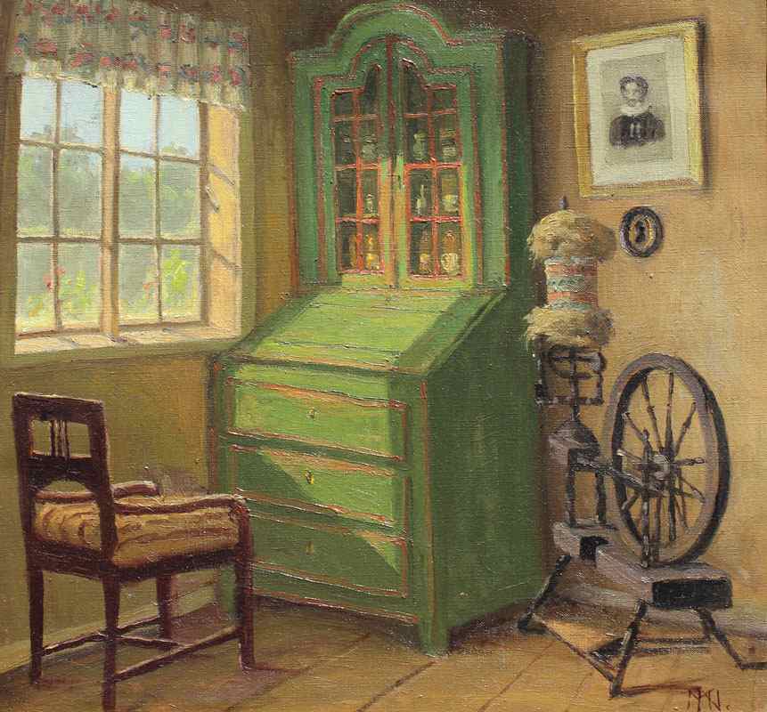 Appraisal: ILLEGIBLY SIGNED DUTCH INTERIOR WITH SPINNING WHEEL OIL Canvas ''