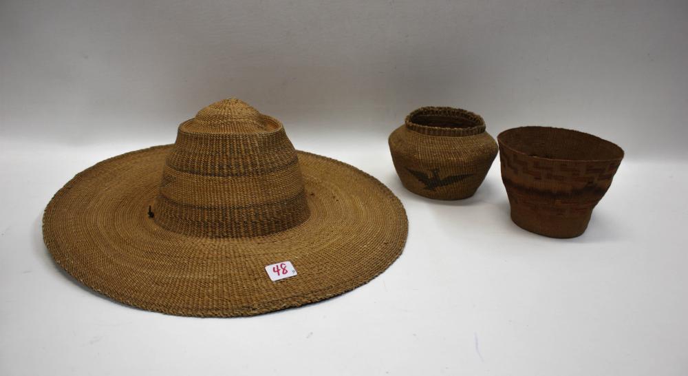 Appraisal: TWO NATIVE AMERICAN BASKETS AND A BASKETRY HAT eagle pattern