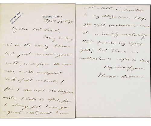 Appraisal: Theodore Roosevelt handwritten and signed letter dated April ' apologizing