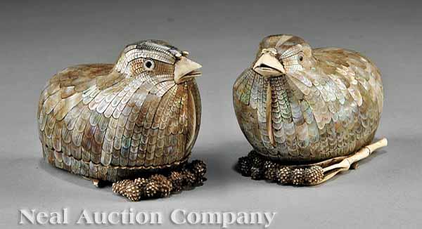 Appraisal: A Pair of Chinese Mother-of-Pearl and Carved Ivory Covered Quail