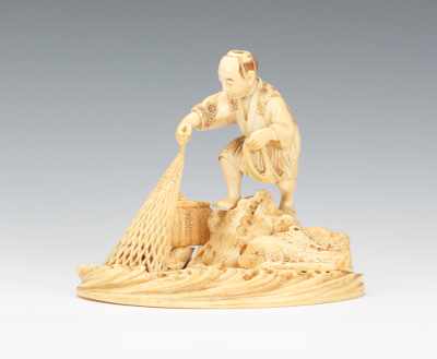 Appraisal: A Japanese Ivory Carving of a Fisherman A carved scene