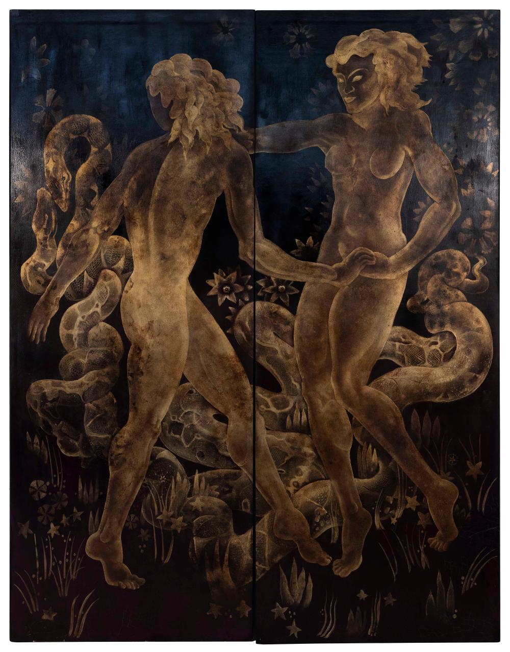 Appraisal: PAIR OF PAINTED WOODEN DOOR PANELS DEPICTING ADAM AND EVE