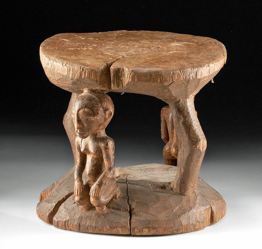 Appraisal: th C African Luba Wood Stool w Kneeling Couple Africa