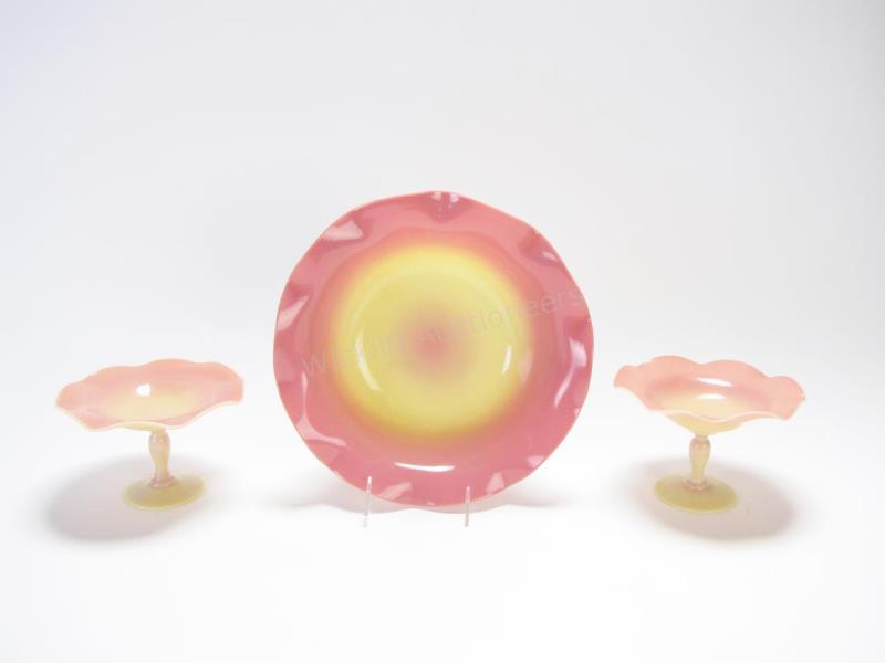 Appraisal: Pair of Peach Blow Glass Compotes and Bowl ruffled rims