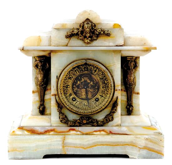 Appraisal: Ansonia onyx mantel clock circa - architectural stone case fitted