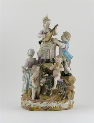 Appraisal: A large Meissen group of musicians and putti standing atop