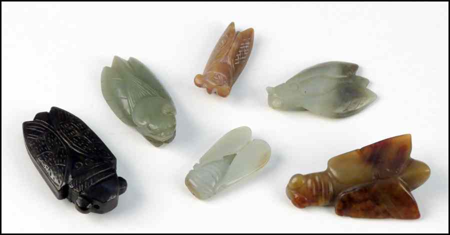 Appraisal: SIX CHINESE CARVED CICADAS Jade and hardstone Largest length ''