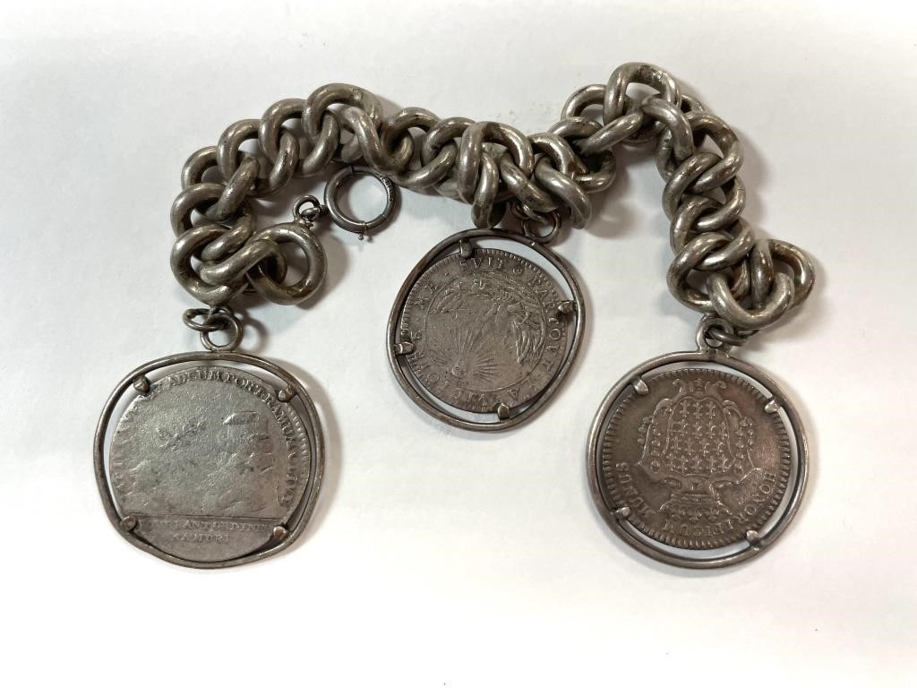 Appraisal: STERLING FRENCH COIN TOKEN BRACELETThree coins or tokens set on