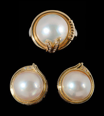 Appraisal: Mabe pearl diamond earrings and ring each with central mabe