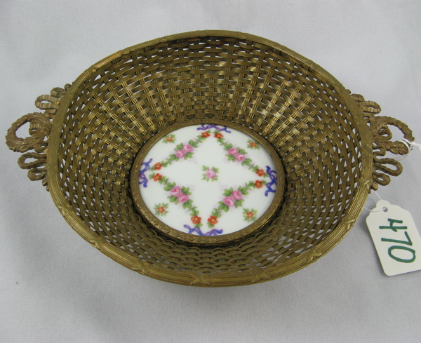 Appraisal: FRENCH GILT BRONZE WOVEN BASKET wreath handles hand enameled porcelain