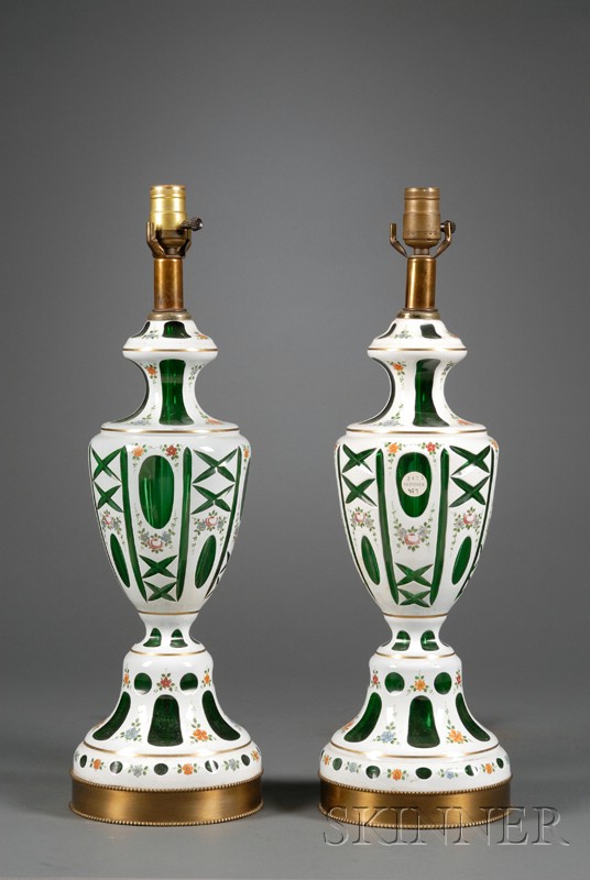 Appraisal: Pair of Bohemian Overlay Glass Vases th century electrified white