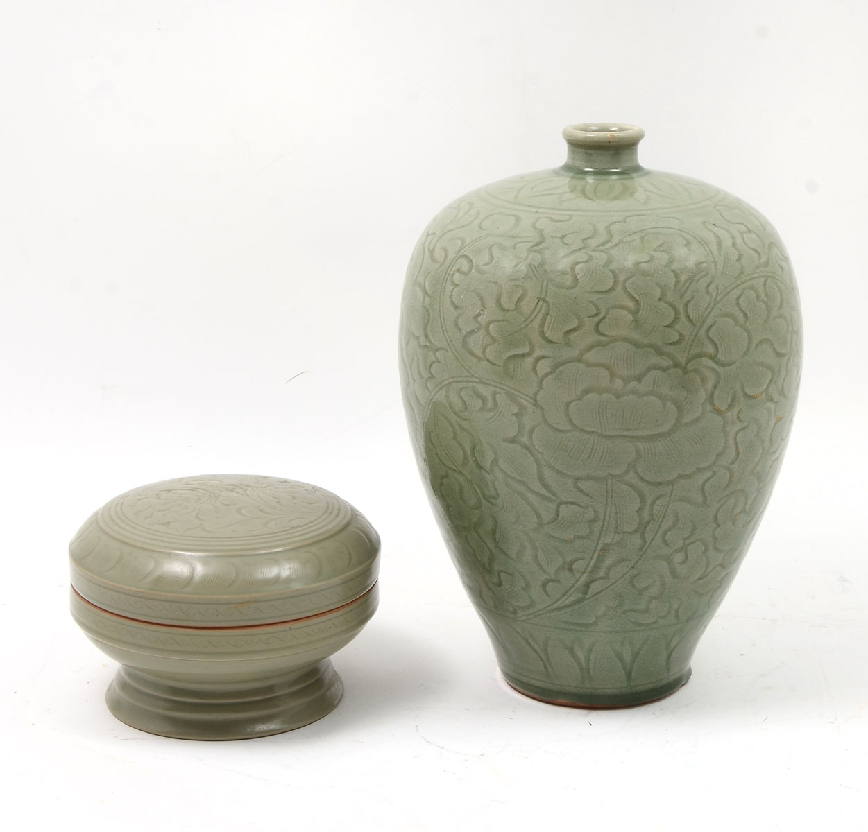 Appraisal: CHINESE CELADON MEIPING JAR COVERED DISH Comprising - Chinese celadon