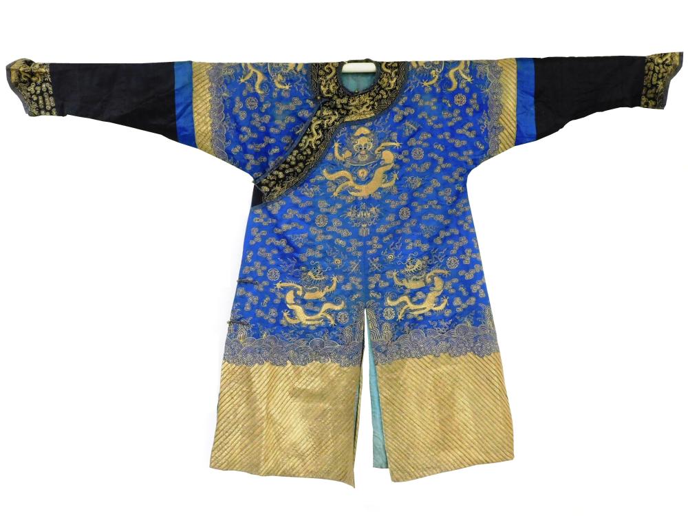 Appraisal: ASIAN Chinese blue silk embroidered robe late th th C