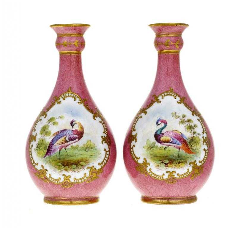 Appraisal: A PAIR OF CROWN STAFFORDSHIRE VASES of baluster shape painted