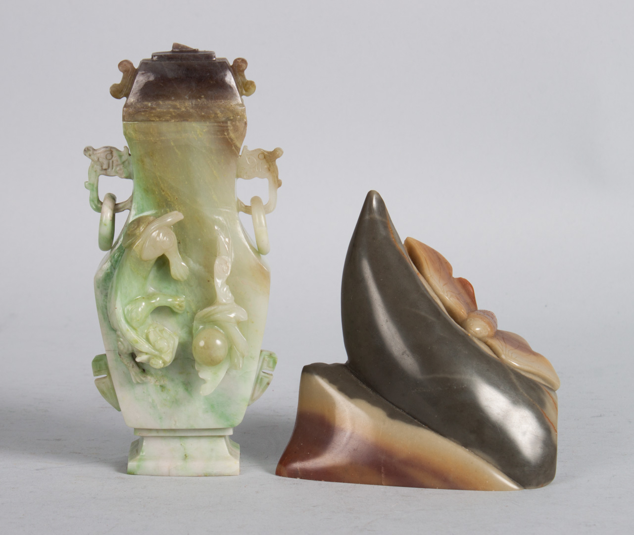 Appraisal: Chinese carved agate moth and a jade vase agate modeled