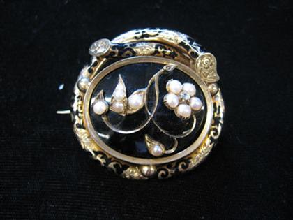 Appraisal: karat yellow gold and black enamel mourning brooch Accented by