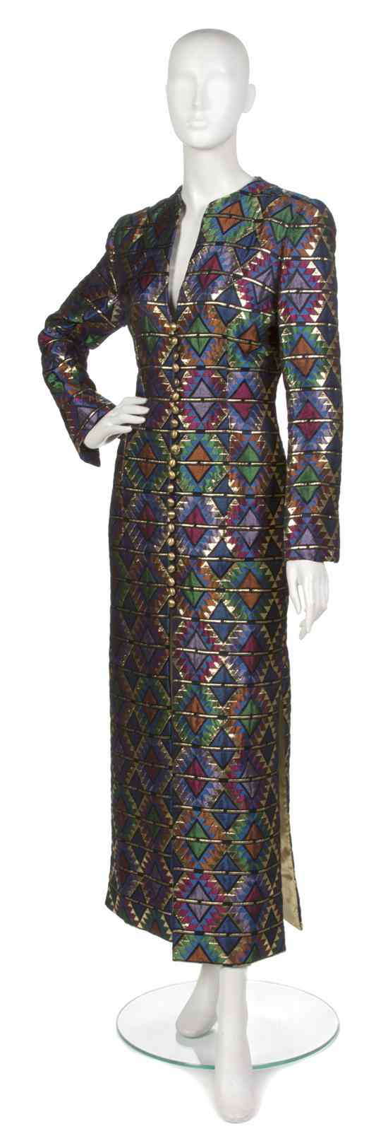 Appraisal: A Pauline Trigere Aztec Print Evening Coat s front goldtone