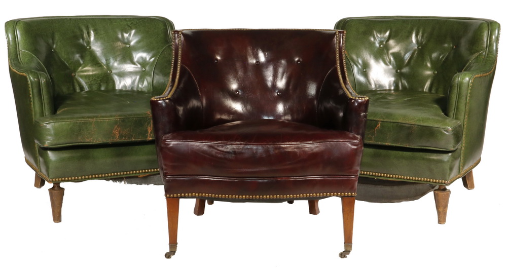 Appraisal: LEATHER CLUB CHAIRS A PR OF GREEN AND A SINGLE