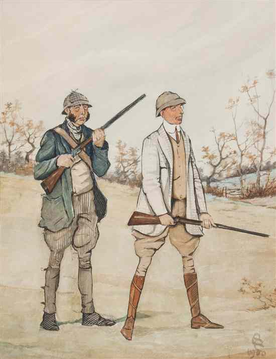 Appraisal: Artist Unknown Two Hunters watercolor initialed lower right x inches