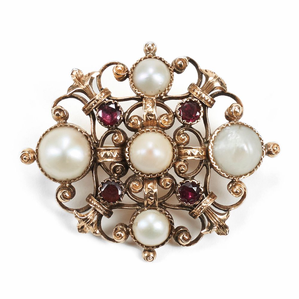 Appraisal: K Gold Pearl Garnet Brooch One early twentieth century karat