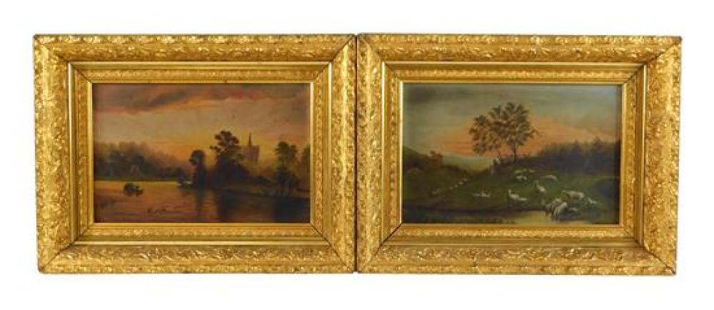 Appraisal: Two oil on board naive pastoral landscapes in matching ornately