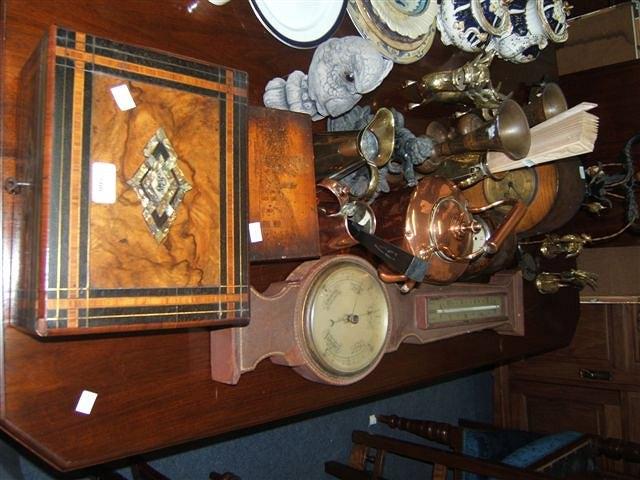 Appraisal: A Victorian walnut and inlaid workbox an aneroid wall barometer