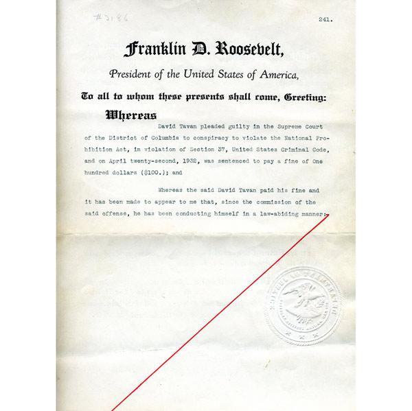 Appraisal: FRANKLIN D ROOSEVELT SIGNED PARDON Dated May granting a pardon